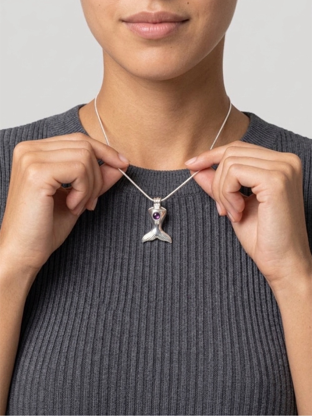 925 Sterling Silver Whale Tail Necklace with Purple Bead